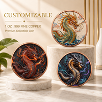 Sculpture décorative orientale en cuivre pur 999 de 1 oz, motif Dragon Chinois, Art Métallique 3D en Relief, Couleurs UV, Effet Proof-like