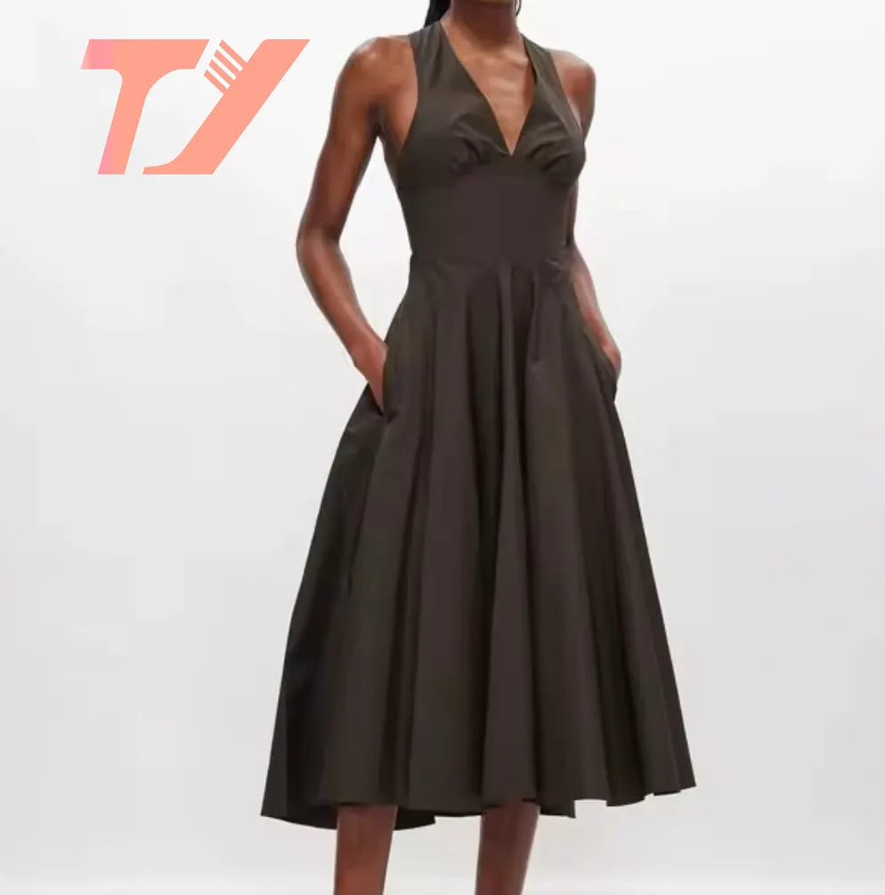 Vestido midi de popeline de algodão folhado com manga comprida e folgada, vestido sexy clássico de alta qualidade com novo design de fábrica TUOYI preto