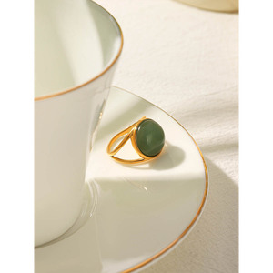 Anillo de acero inoxidable con piedra de aventurina verde natural, anillo de dedo de acero de titanio que combina con todo, no se decolora, joyería de moda. - Product Image 2