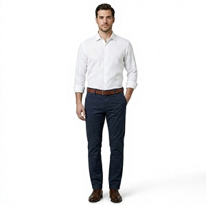 Pantalones Chinos Rectos Personalizados para Hombre, Color Azul Marino, Elásticos, Transpirables, Ecológicos, de Algodón y Spandex, 265GSM, Corte Ajustado, Verano, OEM, ODM - Product Image 3