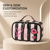 Sac cosmétique personnalisé en PU, imprimé rayures et cœurs, trousse de toilette de voyage, grande capacité, fermeture éclair, organiseur de maquillage pour femmes et filles