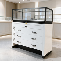 Comptoir de présentation de bijoux en verre trempé, vitrine blanche à vue 360°, 4 tiroirs verrouillables avec clés, cadre en métal noir, éclairage LED, pour magasin de détail