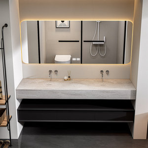 Meuble de salle de bain suspendu en bois d'hévéa, style hôtel de luxe léger, avec vasque intégrée et armoire miroir intelligente - Product Image 2