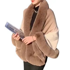 2023 New Design Winter Women Wraps Knitted Faux Fur Collar Poncho Cape Shawl Elegant Ladies Faux Fur Cloak Scarf Manufacturers