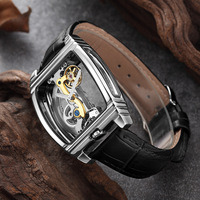 Reloj Mecánico Automático de Lujo para Hombre SHENHUA con Correa Negra de Cuero Genuino y Caja de Acero Inoxidable con Aleación Dorada Transparente