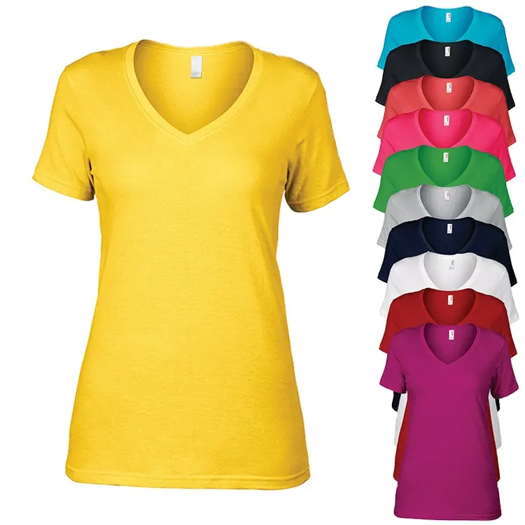 卸売レディースディープVネックプレーンブランドTシャツなしレディース高品質綿100% Tシャツ女性用印刷用