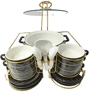 Hot Selling Chafing Dish Ceramic Tableware Soup Pot Spoon Bowl Set With Heating Iron Frame Food Warmer For Restaurant