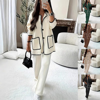 Ensemble pantalon et cardigan tricoté pour femme, style décontracté, à boutonnage simple, chaud, automne-hiver, avec poches patchwork, manches longues, style urbain