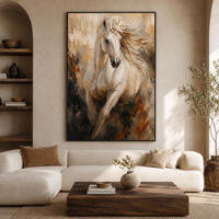 Peinture murale abstraite Cheval Blanc sur toile, Cheval au galop, Cadre en bois tendu, Décoration artistique