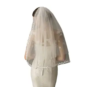 XINMEIJI חינני מרפק נישואי כלה רעלה דו שכבה רגיל טול ערבה-עלים פרל חרוזים קצה לבן חתונה כלה צעיף V633