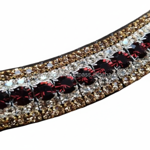 Banda para la frente de caballo Mega Bling de alta calidad, 5 filas de cristales Burdeos y dorados, banda para la frente de caballo de cuero en forma de onda en todos los tamaños personalizados - Product Image 1