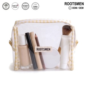 Petite pochette cosmétique transparente 14,5 cm en PVC, mini sac de voyage avec bordure à carreaux, fermeture éclair, taille voyage, logo personnalisé OEM - Product Image 1