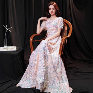 Women's Sequined Evening Gown O-Neck Natural Waist Candy Color Long Dress For Coming Of Age Ceremony - Product Image 3