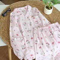 Cardigan à col à revers pour femme en pur coton, double gaze, rayé, imprimé chiot, respirant, toutes saisons, manches longues