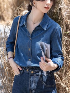 Tops informales de otoño para mujer, Camisa vaquera de manga larga con cuello para mujer - Product Image 4