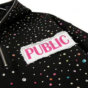 Sudadera con capucha extragrande personalizada OEM con pedrería en toda la superficie, efecto desgastado, bordes deshilachados, apliques, cierre de cremallera de un cuarto, corte holgado para hombre - Product Image 2