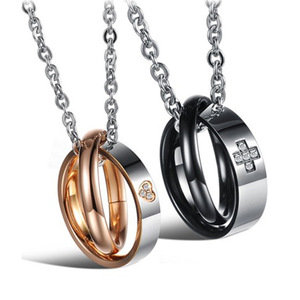 Stainless Steel Double Layer Pendant <b>Necklace</b> With Cross Heart Design For <b>Couples</b> Gift Black Rose Gold - Product Image 1