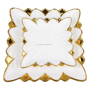 New design restaurant used home goods white square flower shape ceramic plate with gold rim