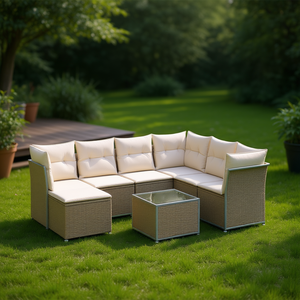 <b>Large</b> Garden Sofa Set Beige Poly Rattan Steel <b>Frame</b> Outdoor Furniture 6 Seater Modern Design - Product Image 2