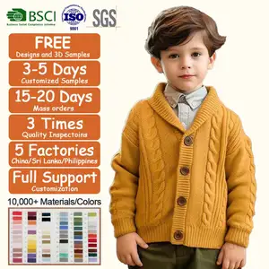 Produsen pakaian kustom grosir sweater anak laki-laki kardigan katun kerah selendang lengan panjang