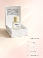 Kotak Parfum Magnetik Lipat Kustom Tekstur Linen Putih Pucat Kartu Aroma di Dalam Baki Botol Kemasan Hadiah Wewangian OEM