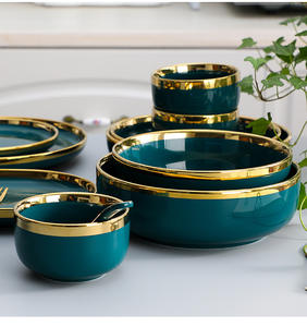 <span class=keywords><strong>Set</strong></span> de 32 Pièces de Vaisselle de Luxe Durable Vert Foncé de Style Européen, Service de Table Nordique en Porcelaine avec Bordure Dorée, Bols et Assiettes en Céramique - Product Image 3