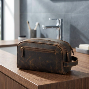 Trousse de toilette de voyage vintage en cuir Crazy Horse, portable, taille moyenne, avec fermeture éclair et poignée souple - Product Image 2