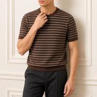 Pull en tricot personnalisé pour homme, col rond, manches courtes, mélange de laine douce, rayures, point plissé, OEM ODM, usine source, marque privée