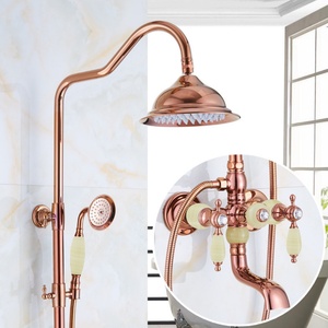 Ensemble de douche mural en laiton rose doré moderne de luxe à 3 fonctions avec cartouche céramique, jet pluie doux et barre coulissante - Product Image 5