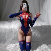 Ensemble de lingerie bodysuit femme araignée ultra-extensible, fin, imprimé rouge et bleu, avec fermeture éclair sur le devant et entrejambe ouvert, pour jeu de rôle, vente en gros directe usine