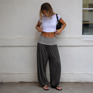 Pantalon décontracté américain colorblock à taille large drapé et fuselé pour femme, coupe ample flatteuse, jambe large, style jogger long - Product Image 4