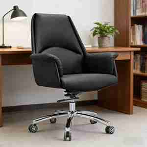 Silla de Oficina Moderna con Elevación, Cómoda, Ergonómica, de Cuero, Giratoria, Extensible, con Base de Acero - Product Image 1