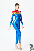 LatexCatfish Combinaison en latex rouge et bleu métallisé pour femme, épaisseur 0,4 mm, avec fermeture éclair frontale à 3 voies