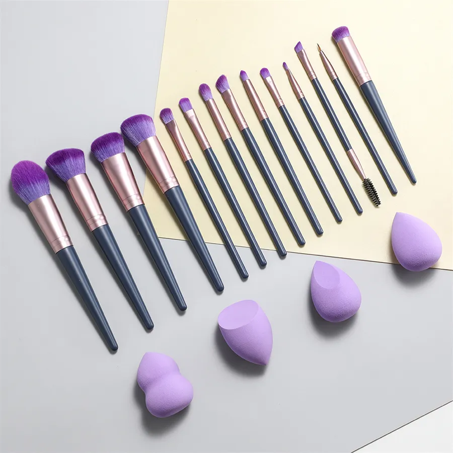 Custom Luxury Purple Makeup Foundation Brush High Quality 14 Piece Makeup Brush Set Kit With Sponges Blender