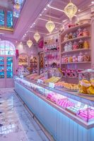 Design d'intérieur personnalisé tendance pour les magasins de yaourt et de crème glacée, vitrine de magasin de rue, mobilier LED pour la décoration de magasins de crème glacée rose
