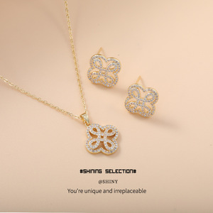 Sparkling Zirconia Four Leaf Clover Necklace Set Copper Alloy Women's Jewelry Everyday Wear - Product Image 2