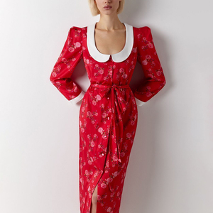 <span class=keywords><strong>Abito</strong></span> Midi Vintage da Donna con Cintura, <span class=keywords><strong>Spacco</strong></span> Frontale e Maniche Lunghe, Vestito Floreale Autunnale - Product Image 4