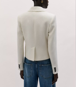 Blazer élégant blanc croisé pour femme en tissu texturé, veste de bureau décontractée avec poches, manteau de costume stylé - Product Image 3