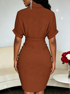 Robe chemise à manches courtes, taille cintrée, effet amincissant, ourlet plissé irrégulier, robe décontractée tendance pour femme - Product Image 6