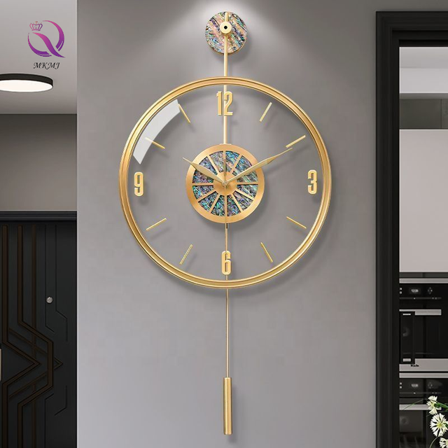 Modern Luxury Clear Glass Gold Metal Brass Wall Clock Colorful Shell Hanging Wall Clock for Living Room Home Decoration