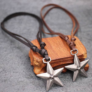 Collier long en cuir <span class=keywords><strong>noir</strong></span> de haute qualité avec pendentif étoile à cinq branches en argent rétro, cadeaux pour femmes - Product Image 2