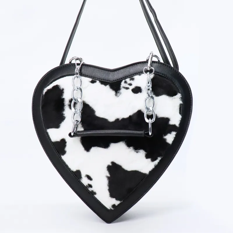 Bag Factory Customized Cow Print Faux Fur Purses Heart Shape Ladies Plush Handbag with Chain Handle Pu Leather Backpack