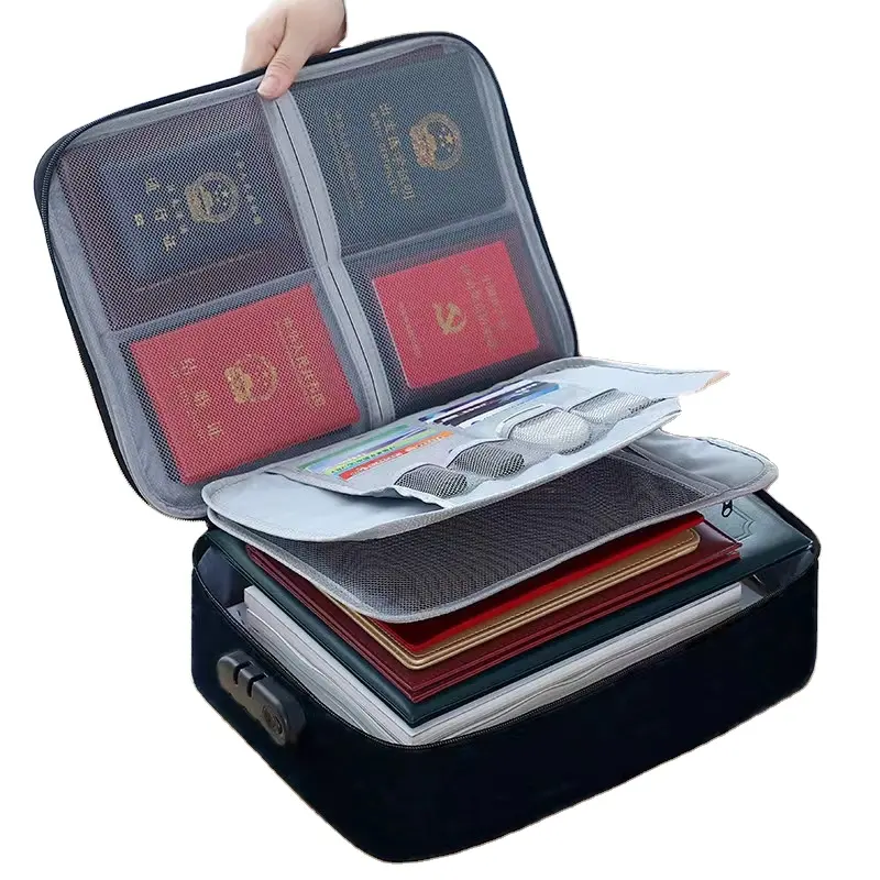 Large capacity waterproof document bag travel passport bag family three-layer lockable storage certificate bag