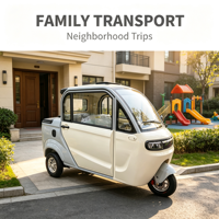Tricycle électrique familial compact à 3 roues avec cabine scellée, scooter de mobilité électrique à basse vitesse pour adultes