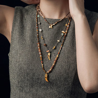 Collier long bohème unisexe avec pendentif œil de tigre, agate Crazy Lace, coquillage et dent de tigre, 76+5cm, en acier inoxydable plaqué or, vente en gros