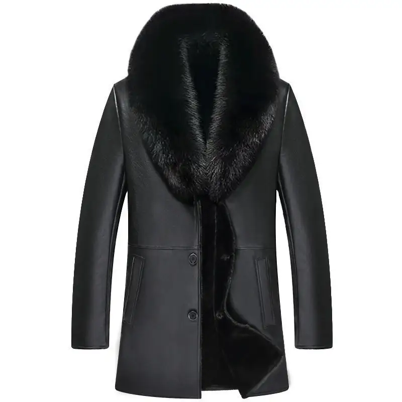 Mantel Kulit Kerah Rubah Desain Baru Musim Dingin Jaket Kulit Pu Atas Lapisan Bulu Wol Buatan Bulu Asli untuk Mantel Pria