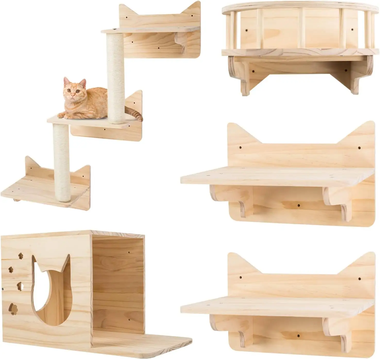Pine Cat Wall Frame Climbing Frame Set of 5 Cat Wall Furniture Cat Shelves and Perches for Walls