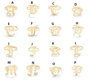 时尚宽空心A-Z字母不锈钢可调字母开口戒指女性派对珠宝首字母名称戒指