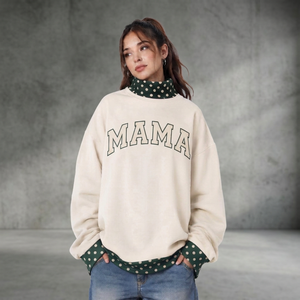 Pull en coton tricoté à manches longues pour femme, col montant, imprimé personnalisé « Mama », à pois contrastants, collection automne – Meilleure vente - Product Image 1