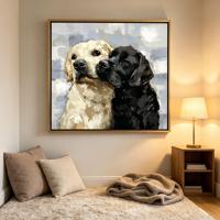 Lukisan Dinding Berbingkai Labrador Retriever, Potret Anjing Kuning Hitam, Bingkai Emas Matte, Dekorasi Wabi Sabi Bergaya Pantai